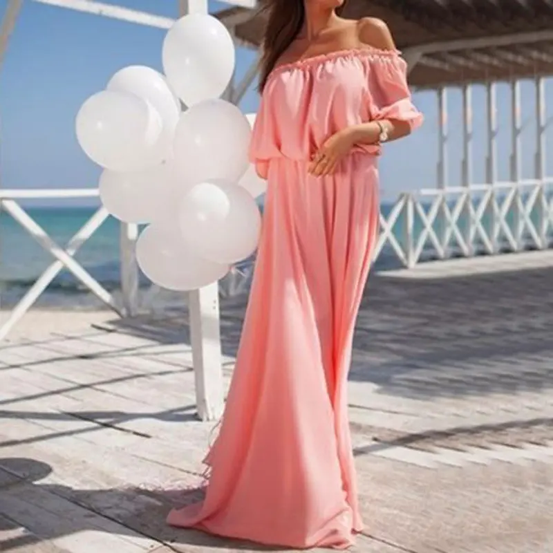 Fashion Off Shoulder Party Dresses Super Soft Chiffon Slash Neck Dress Solid Bohemian Beach Vestidos Long Dress1stl 1