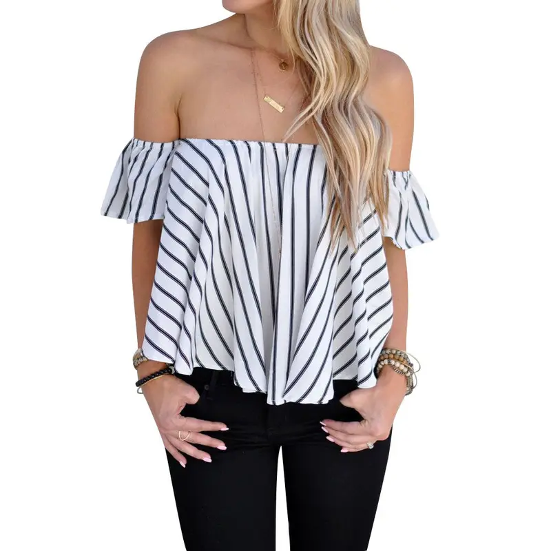 Fashion Off Shoulder Stripe Women Tops Casual Slash Neck Blouse Loose Women Shirt Blusas Camisa Femininas Tops 1