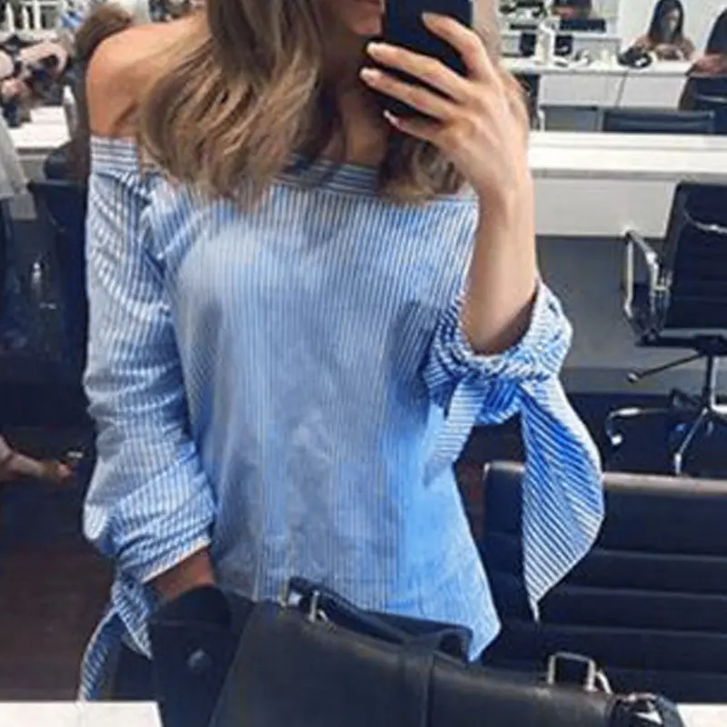 Fashion Off Shoulder Women Blouse Casual Slash Neck Blusas Loose Stripe White Cotton Tops Camisa Feminina Women Clothes 1