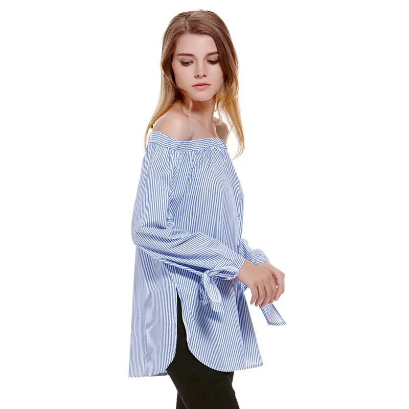 Fashion Off Shoulder Women Blouse Casual Slash Neck Blusas Loose Stripe White Cotton Tops Camisa Feminina Women Clothes 3