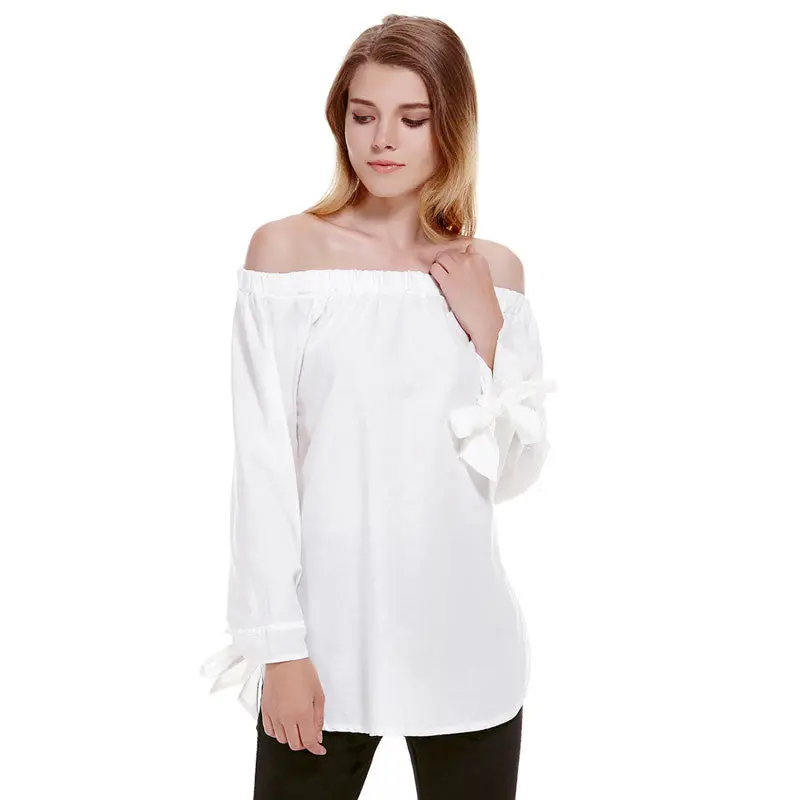 Fashion Off Shoulder Women Blouse Casual Slash Neck Blusas Loose Stripe White Cotton Tops Camisa Feminina Women Clothes 4