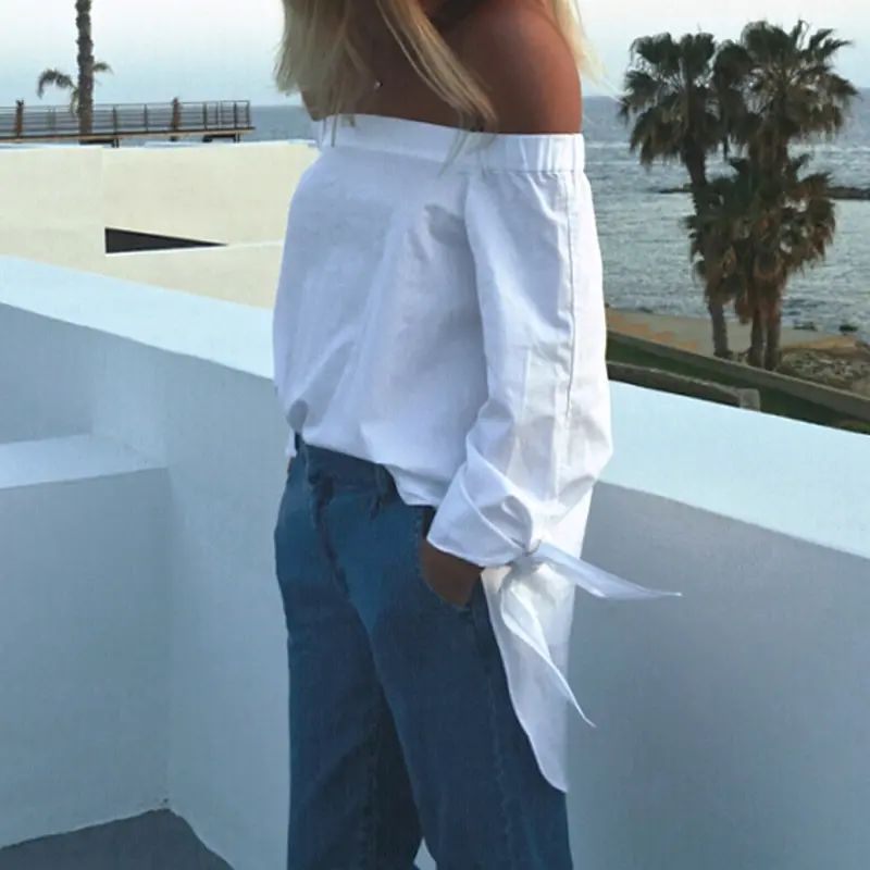 Fashion Off Shoulder Women Blouse Casual Slash Neck Blusas Loose Stripe White Cotton Tops Camisa Feminina Women Clothes 5