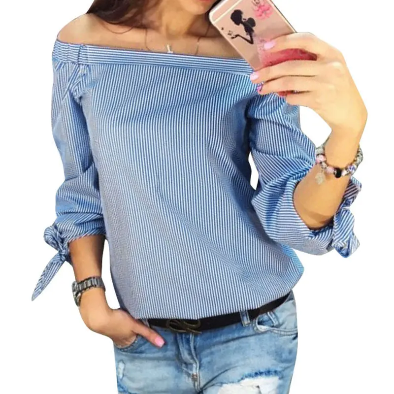 Fashion Off Shoulder Women Blouse Casual Slash Neck Blusas Loose Stripe White Cotton Tops Camisa Feminina Women Clothes 6