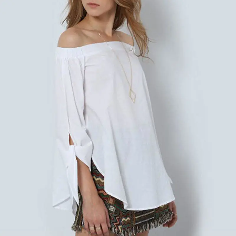 Fashion Off Shoulder Women Blouse Casual Slash Neck Blusas Loose Stripe White Cotton Tops Camisa Feminina Women Clothes 7