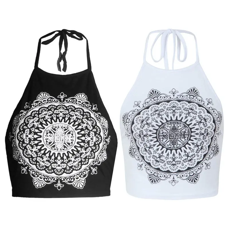 Fashion Print Crop Tops Women Print Sleeveless Cropped Feminino Halterneck Tank Tops Vest Black Women Shirt Blusa For 2