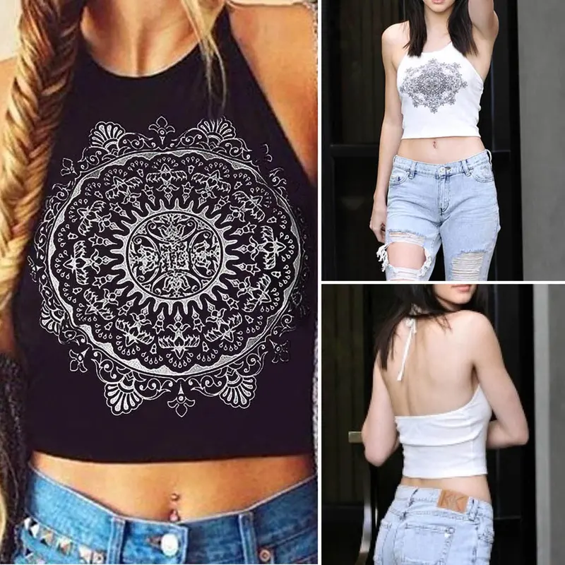 Fashion Print Crop Tops Women Print Sleeveless Cropped Feminino Halterneck Tank Tops Vest Black Women Shirt Blusa For 3