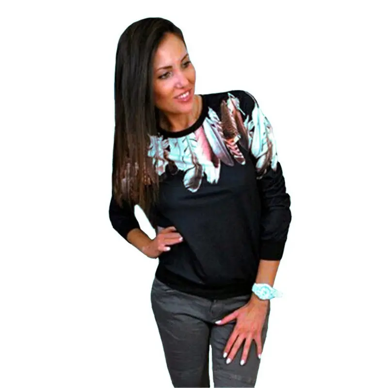 Fashion Printing Hoodies Sweatshirt Women Casual Pullover Feather Print Jumper Hoodie 3/4 Sleeve Sweatshirt Top 6