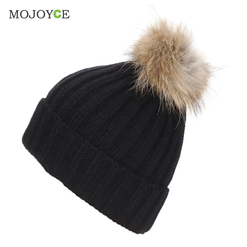 Fashion Raccoon Fur Hat Real Fur Pompom Caps Hat Knitted Hats Ski Cap Beanie Gorro Hat 1
