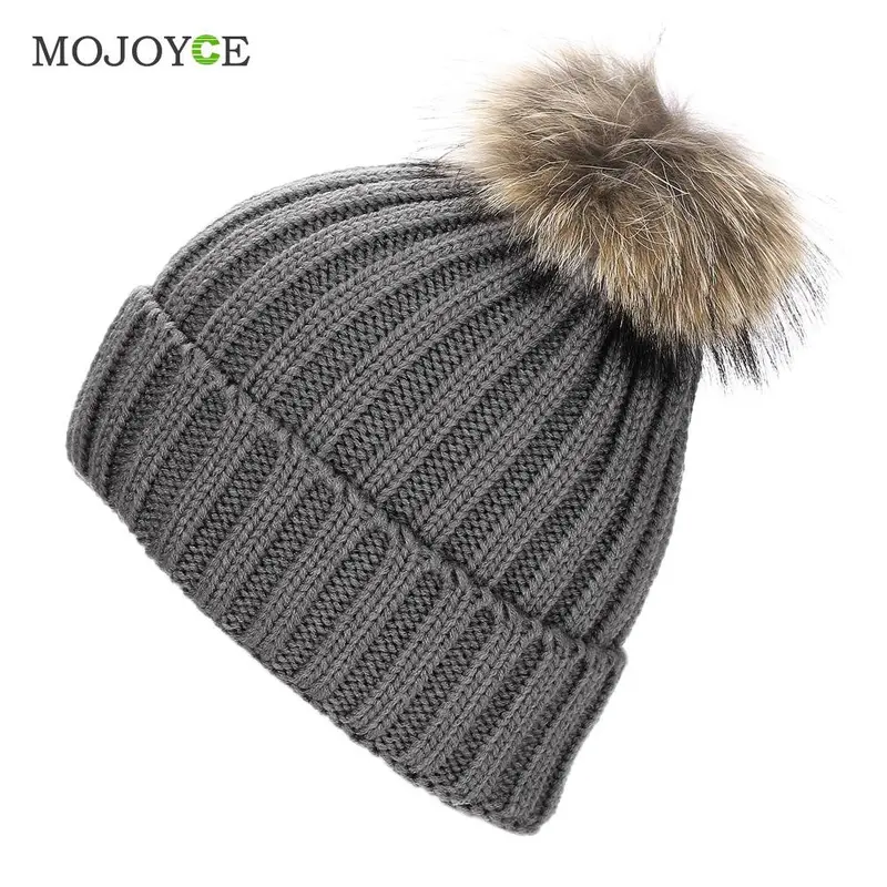 Fashion Raccoon Fur Hat Real Fur Pompom Caps Hat Knitted Hats Ski Cap Beanie Gorro Hat 3