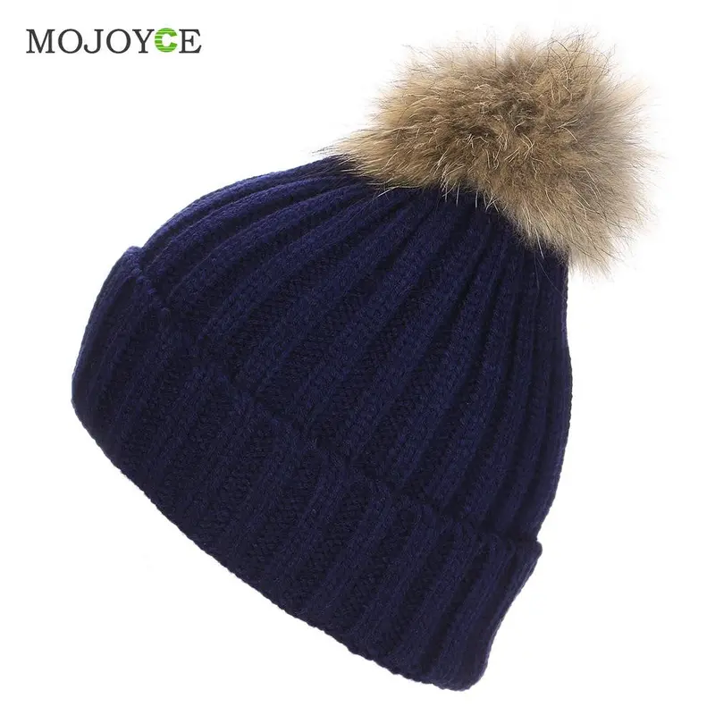 Fashion Raccoon Fur Hat Real Fur Pompom Caps Hat Knitted Hats Ski Cap Beanie Gorro Hat 4