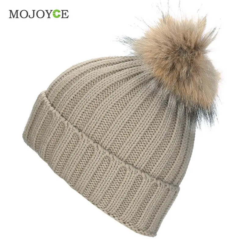 Fashion Raccoon Fur Hat Real Fur Pompom Caps Hat Knitted Hats Ski Cap Beanie Gorro Hat 5