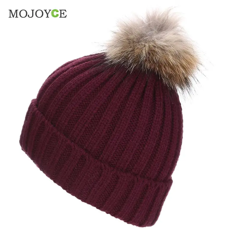 Fashion Raccoon Fur Hat Real Fur Pompom Caps Hat Knitted Hats Ski Cap Beanie Gorro Hat 6