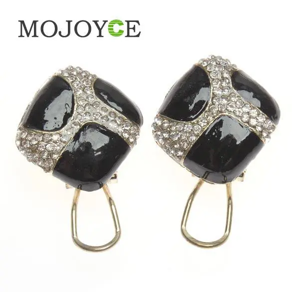 Fashion Retro Ladies Square Black Enamel Rhinestone Party Ear Stud Earrings 1