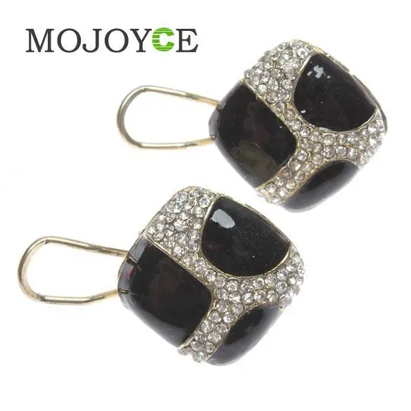 Fashion Retro Ladies Square Black Enamel Rhinestone Party Ear Stud Earrings 2