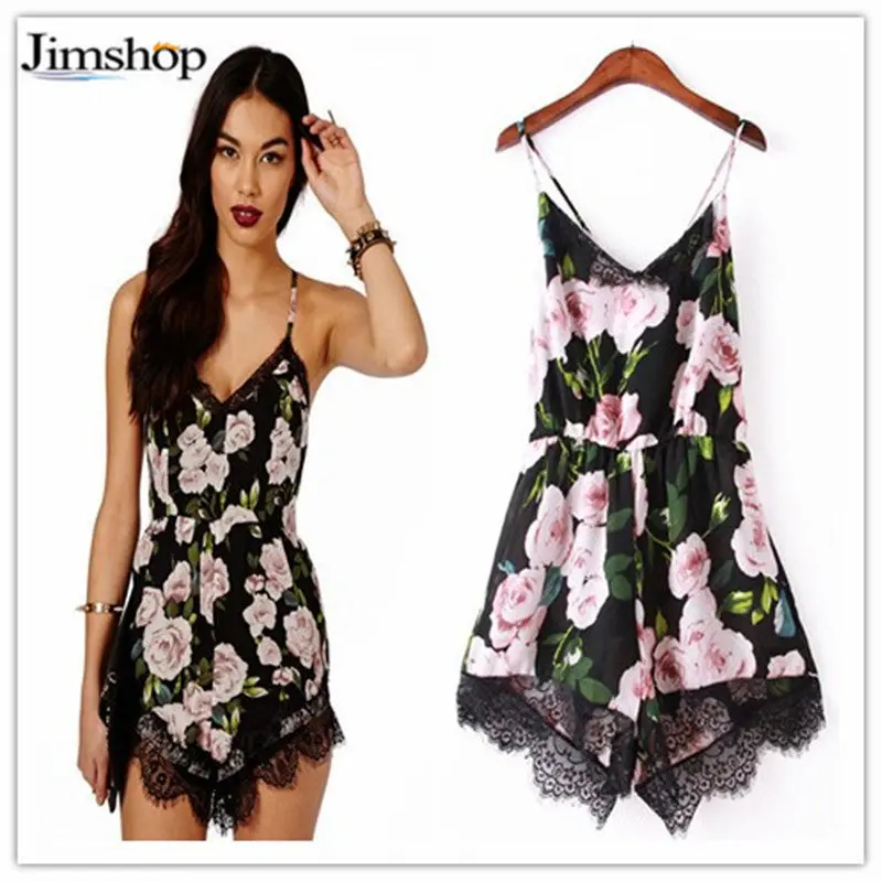 Fashion Rorompers Womens Jumpsuit Floral Lace Chiffon Print Bodycon Bodysuits,Party Playsuit Off Shoulder Romper 1