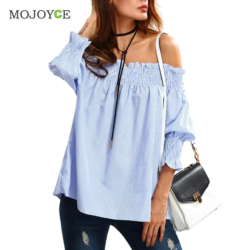 Fashion Sexy Off Shoulder Women Blouses Long Sleeve Casual Shirttops Blusa Shirt Women Blue Stripe Women Tops Blusas Femininas 1