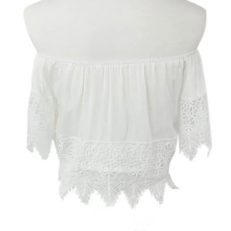 Fashion Sexy Women Boho Lace White Shirt Off Shoulder Crop Tee Shirt Tops 2