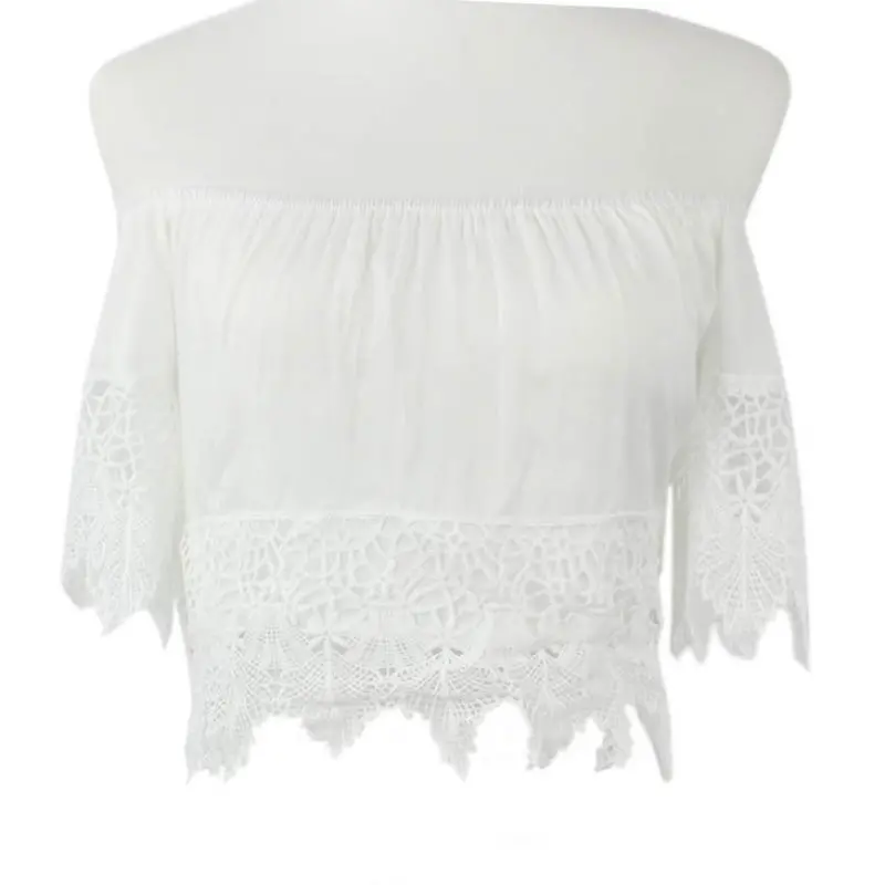 Fashion Sexy Women Boho Lace White Shirt Off Shoulder Crop Tee Shirt Tops 3
