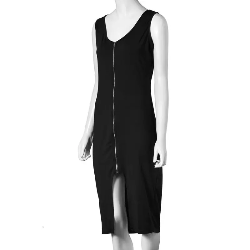 Fashion Sexy Zipper Design Dress Sheath Bodycon Slim Package Hip Vestidos Simple Solid Midi Dresses Plus Size 8
