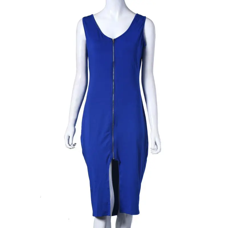 Fashion Sexy Zipper Design Dress Sheath Bodycon Slim Package Hip Vestidos Simple Solid Midi Dresses Plus Size 9