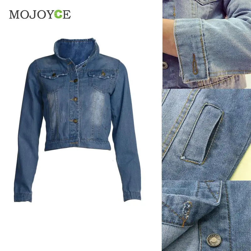 Fashion Short Denim Jacket Women Slim Long Sleeve Coat Jean Jacket 5