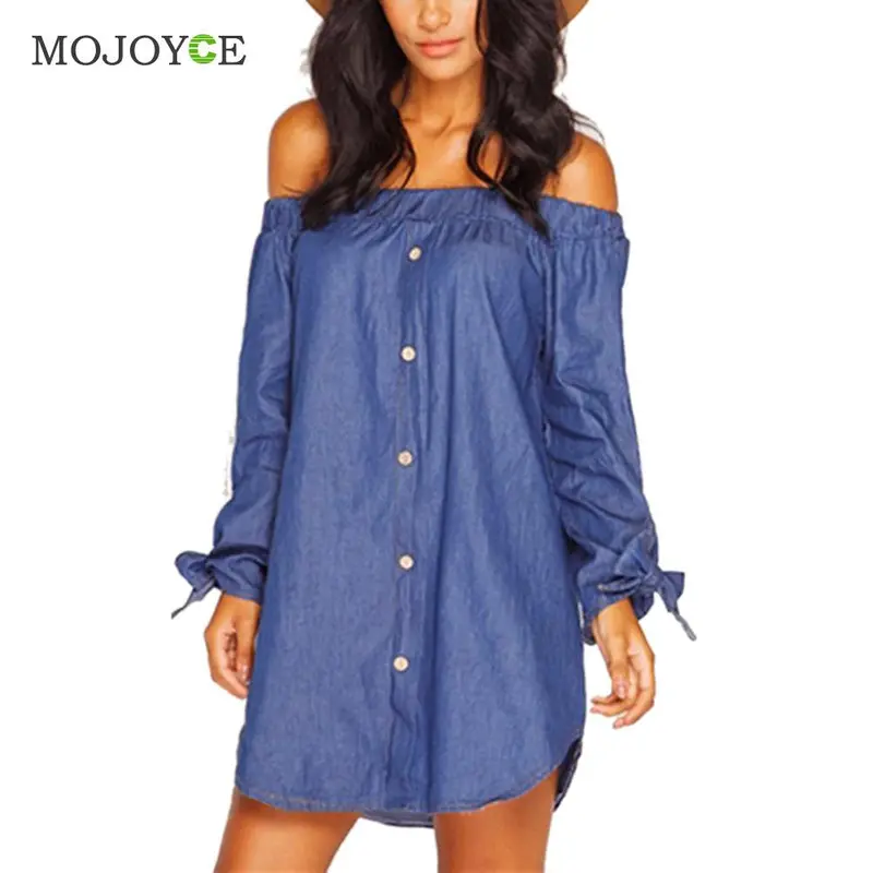 Fashion Slash Neck Women Dress Loose Denim Dress Vestidos Sexy Off Shoulder Long Sleeve Cotton Dress Vestido De Festa 1
