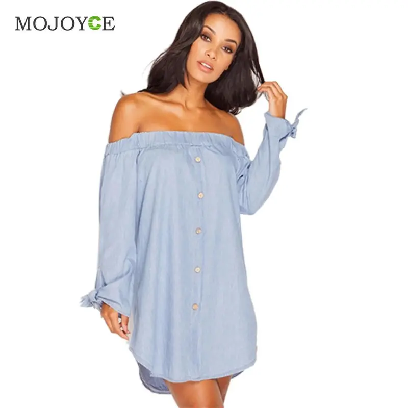 Fashion Slash Neck Women Dress Loose Denim Dress Vestidos Sexy Off Shoulder Long Sleeve Cotton Dress Vestido De Festa 3