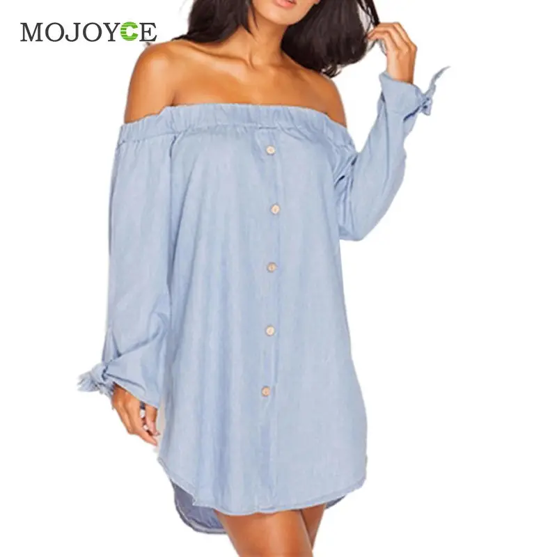 Fashion Slash Neck Women Dress Loose Denim Dress Vestidos Sexy Off Shoulder Long Sleeve Cotton Dress Vestido De Festa 4