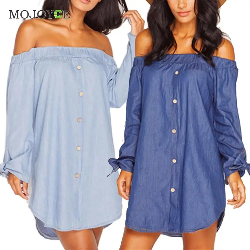 Fashion Slash Neck Women Dress Loose Denim Dress Vestidos Sexy Off Shoulder Long Sleeve Cotton Dress Vestido De Festa 4