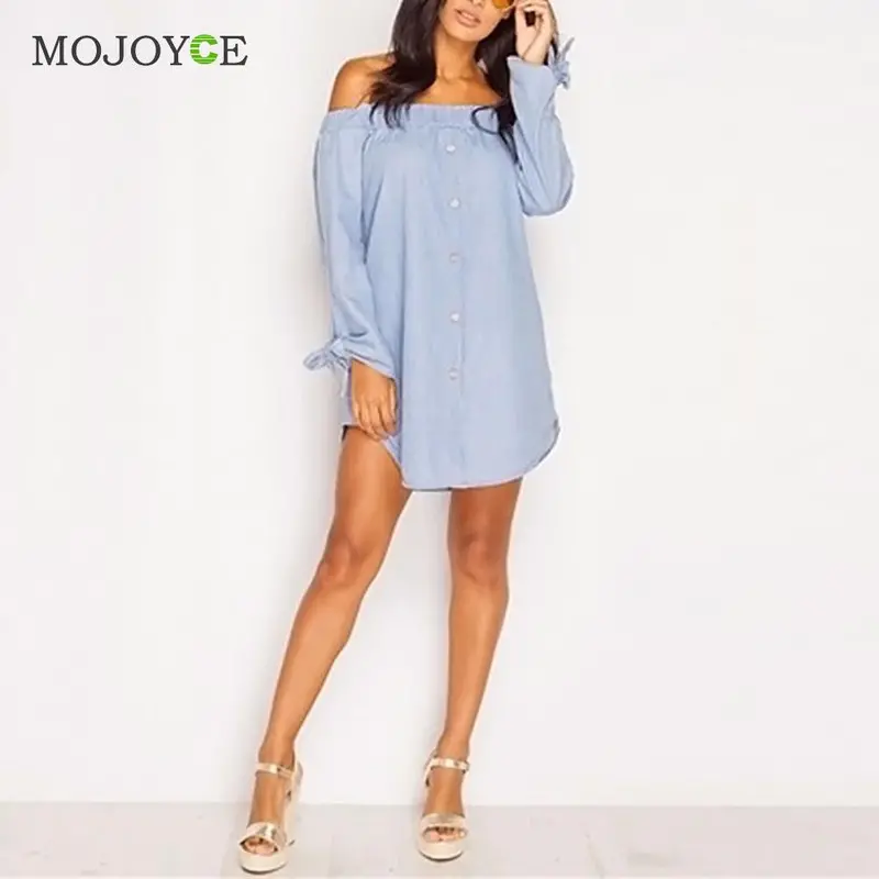 Fashion Slash Neck Women Dress Loose Denim Dress Vestidos Sexy Off Shoulder Long Sleeve Cotton Dress Vestido De Festa 5