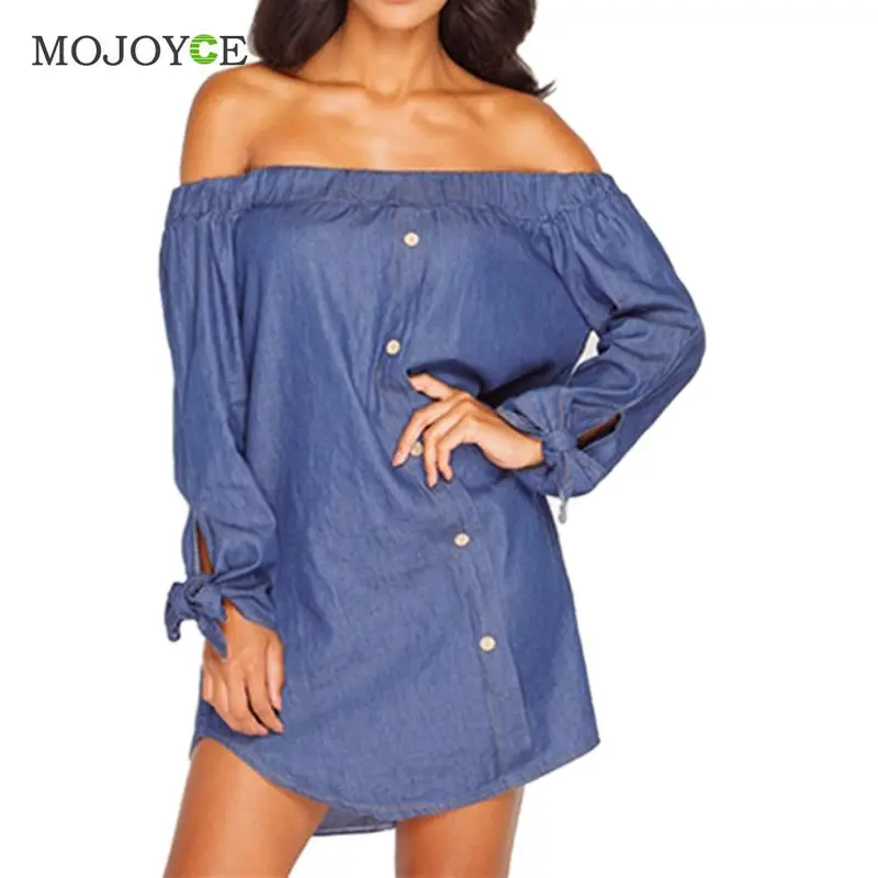 Fashion Slash Neck Women Dress Loose Denim Dress Vestidos Sexy Off Shoulder Long Sleeve Cotton Dress Vestido De Festa 6