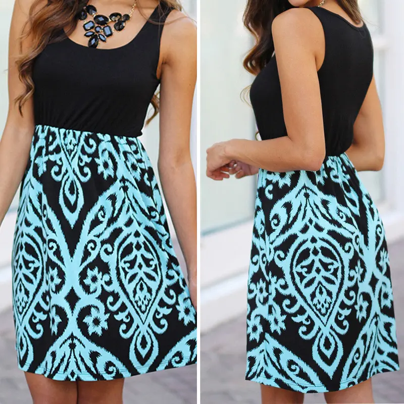 Fashion Sleeveless Party Black And Aqua Printed Short Mini Women Dress Sleeveless Vestidos Dress Beach Dress 2