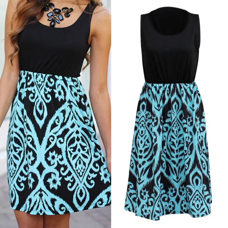 Fashion Sleeveless Party Black And Aqua Printed Short Mini Women Dress Sleeveless Vestidos Dress Beach Dress 4