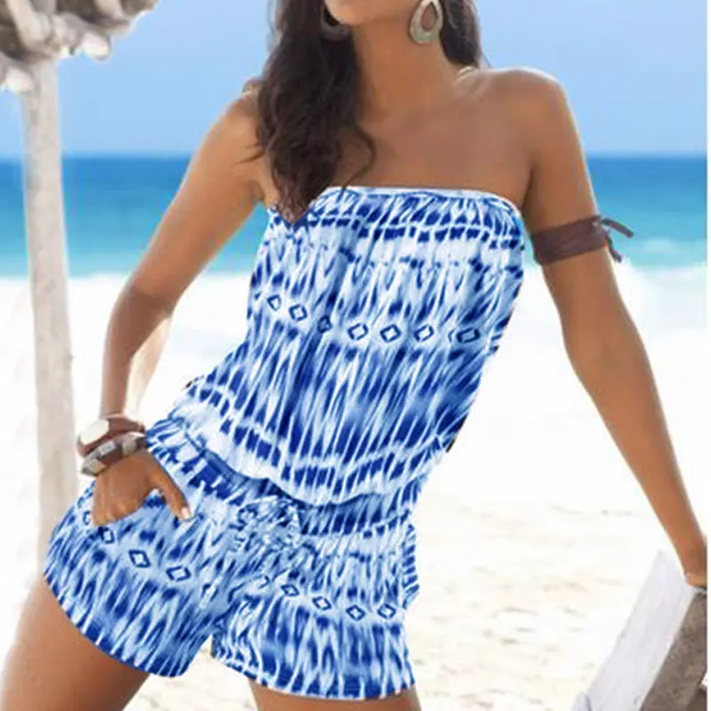 Fashion Strapless Off Shoulder Printed Jumpsuit Beachwear Short Combinaison Short Femme Jumpsuit Bodysuit Women Romper 3