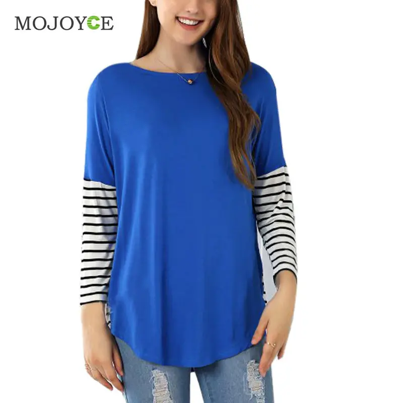Fashion Striped T Shirt Women Color Block Arc Shaped Hem Blusa Long Sleeve Tee Shirt Femme Camisas Femininas 1