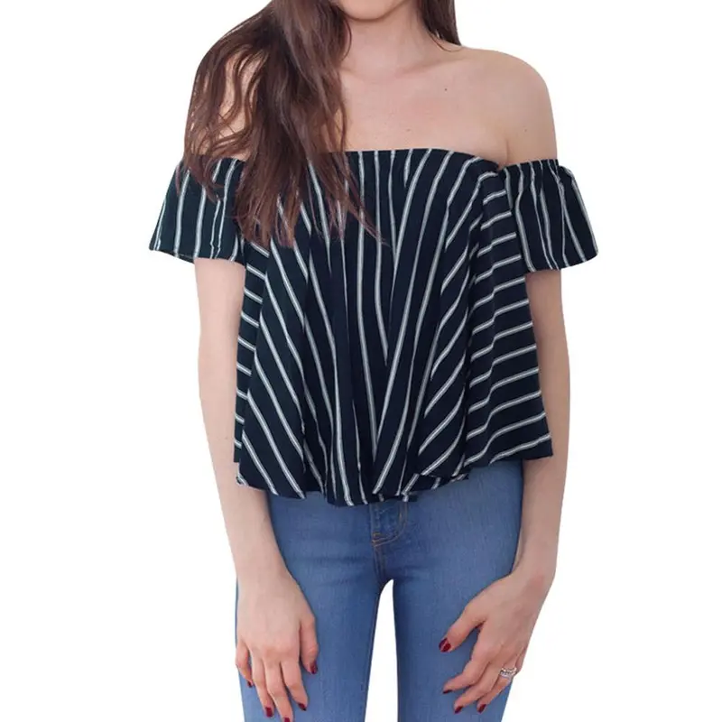 Fashion Striped Women Blouses Tops Off Shoulder Top Shirts Women Loose Elastic Ruffle Blusas Camisa Feminina Women Tops 1
