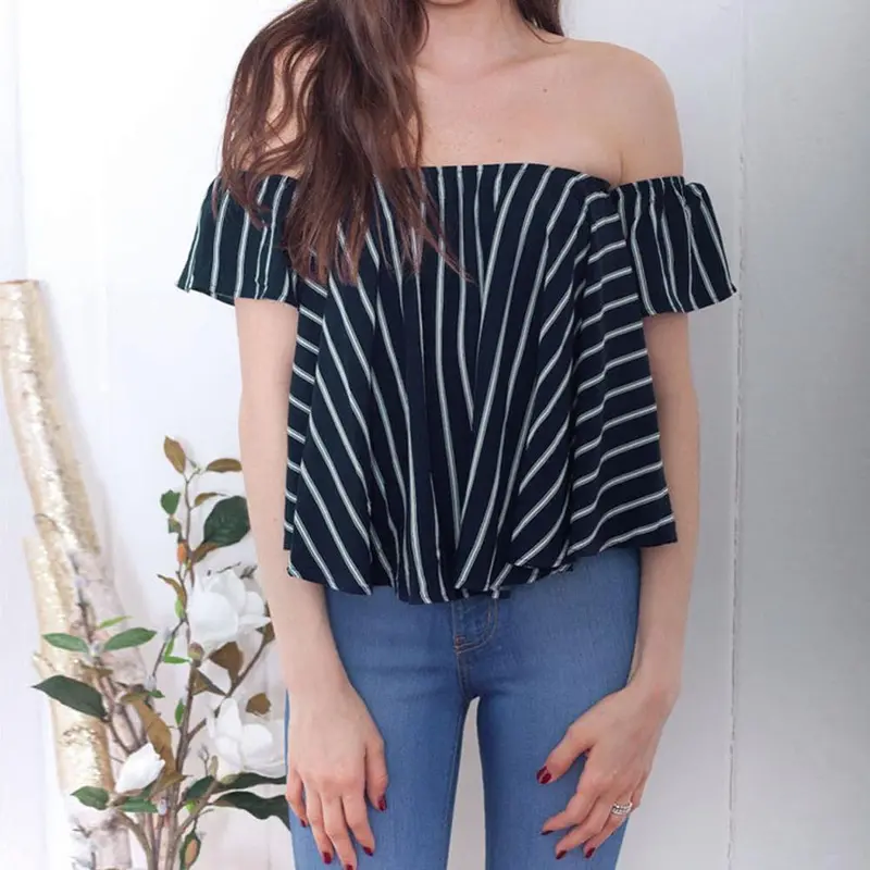Fashion Striped Women Blouses Tops Off Shoulder Top Shirts Women Loose Elastic Ruffle Blusas Camisa Feminina Women Tops 2