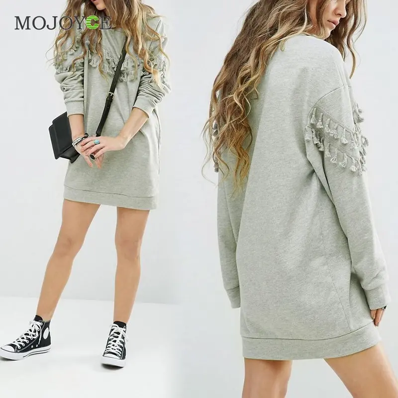 Fashion Tassel Long Pullover Women Dress Vestido De Festa Warm Dress Dress Casual Gray Long Sleeve Vestidos 3