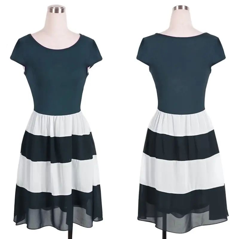 Fashion Temperament Patchwork Stripe Women Dress Vestidos Splicing Chiffon Short Sleeves O-Neck Dress Casual Slim Vestido 3