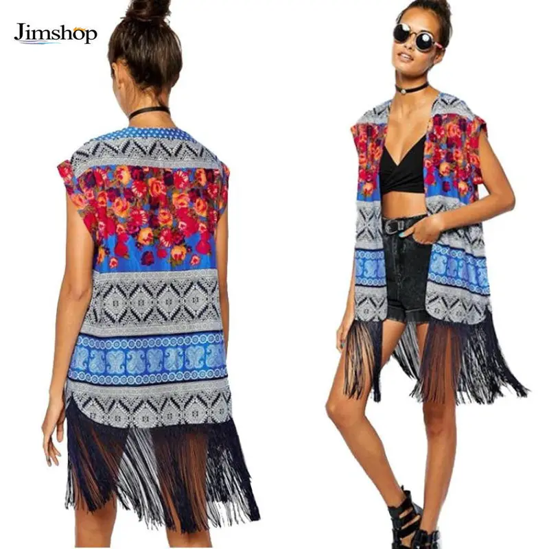 Fashion The Ethnic Style Blouses Print Mode Sleeveless Contrast Color Shirt Cardigan Tassel Kimono 1