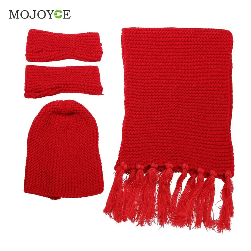 Fashion Thick Acrylic Women Knit Hat Scarf Gloves Set Outdoor Warm Beanie 3