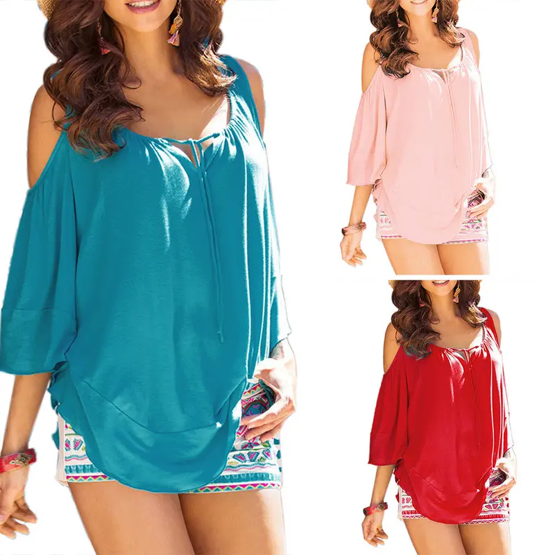 Fashion Tops Round Neck T-Shirts Women Falbala Flare 3/4 Sleeve Off Shoulder Loose Tee Tops Blusa Camisetas Mujer 5