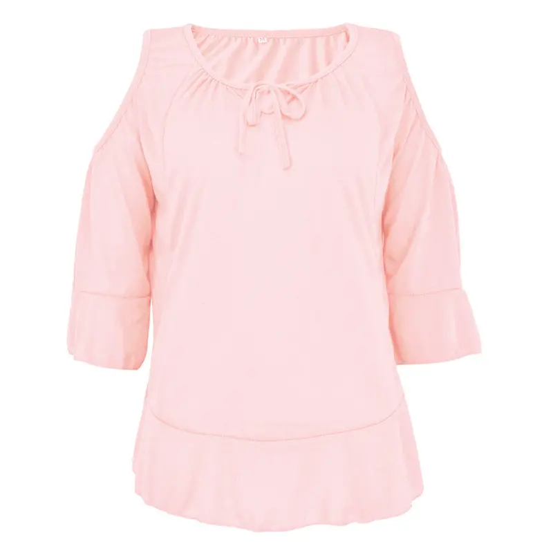 Fashion Tops Round Neck T-Shirts Women Falbala Flare 3/4 Sleeve Off Shoulder Loose Tee Tops Blusa Camisetas Mujer 9