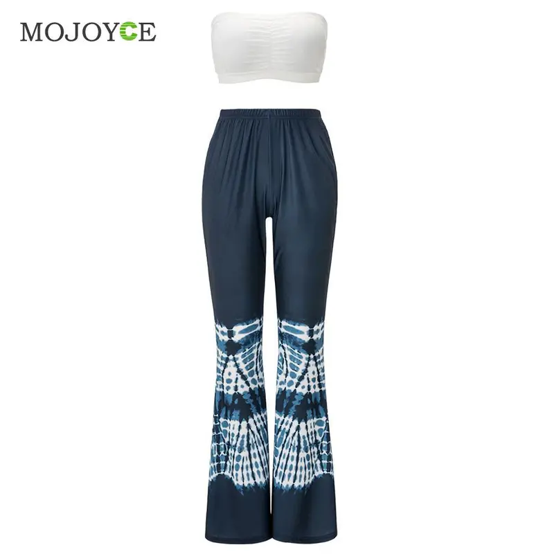 Fashion Two Pieces Women Sets Sleeveless Bandage Bodycon Top + Trousers High Waist Crop Top + Printing Pants 1