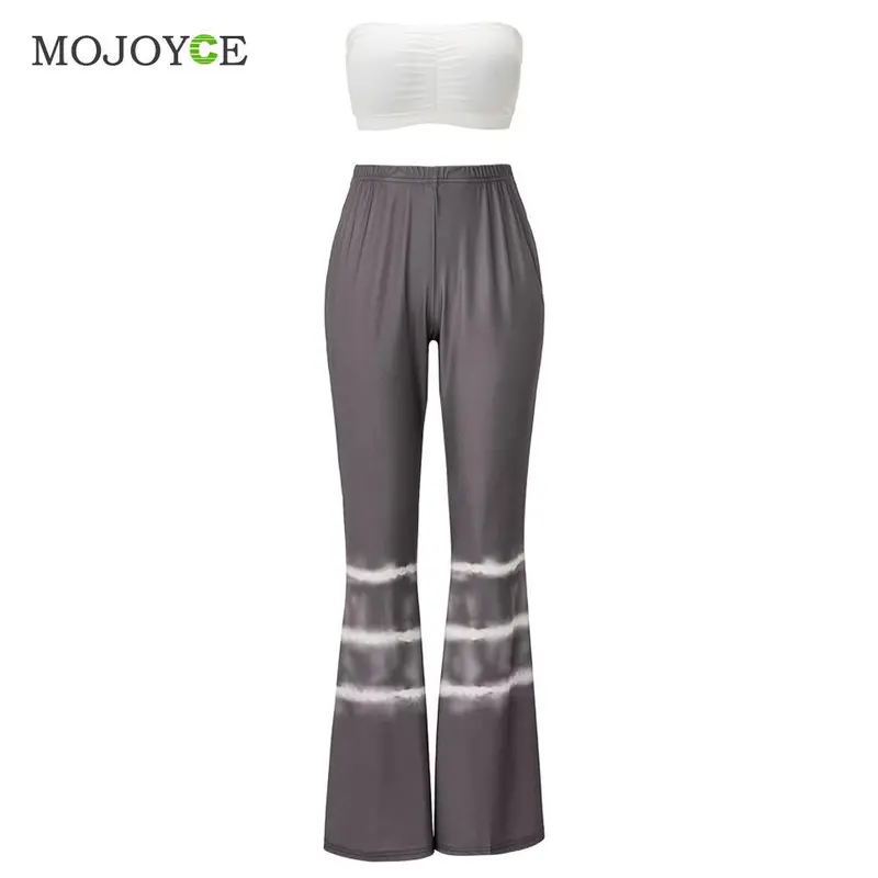 Fashion Two Pieces Women Sets Sleeveless Bandage Bodycon Top + Trousers High Waist Crop Top + Printing Pants 4
