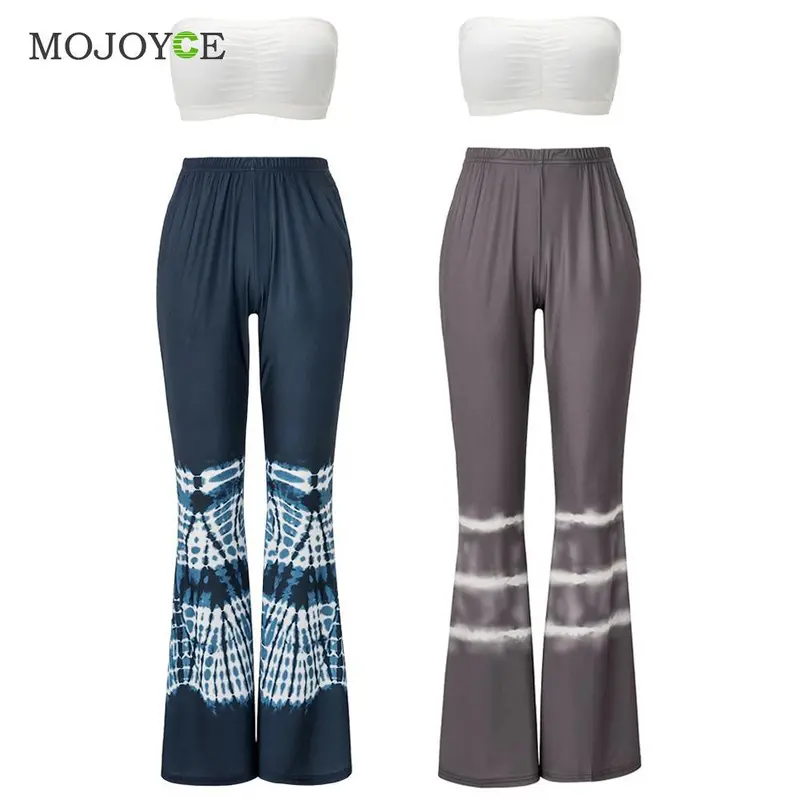 Fashion Two Pieces Women Sets Sleeveless Bandage Bodycon Top + Trousers High Waist Crop Top + Printing Pants 4