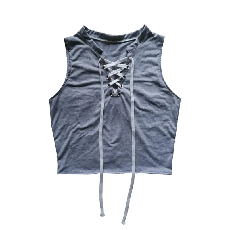 Fashion V-Neck Sleeveless Strap In The Chest T-Shirt Pure Gray Color T-Shirt Leisure Ladies Casual Clothing 4