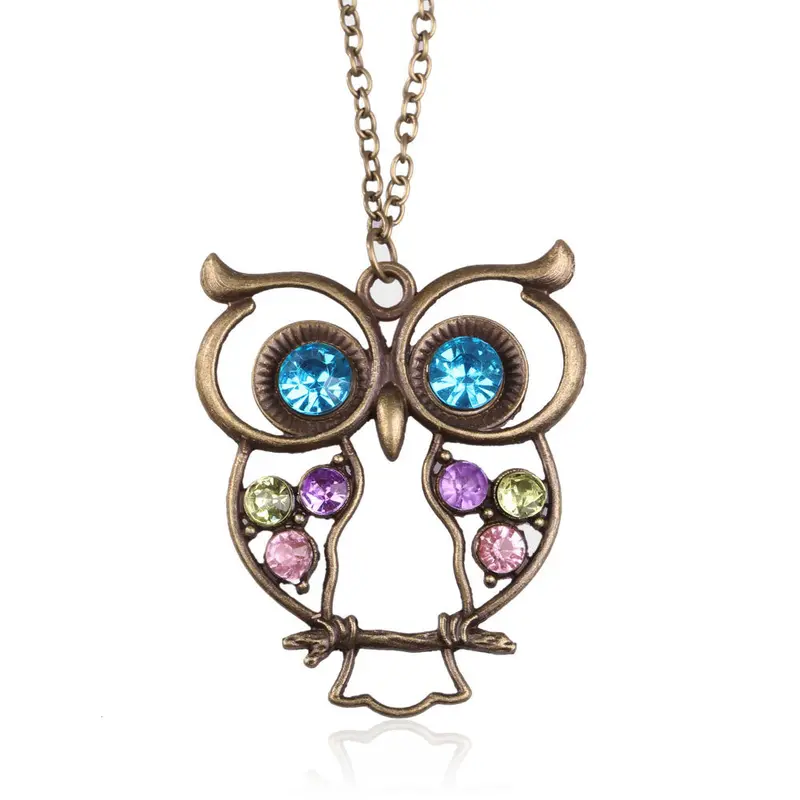 Fashion Vintage Rhinestone Owl Jewelery Long Pendant Sweater Necklace 1