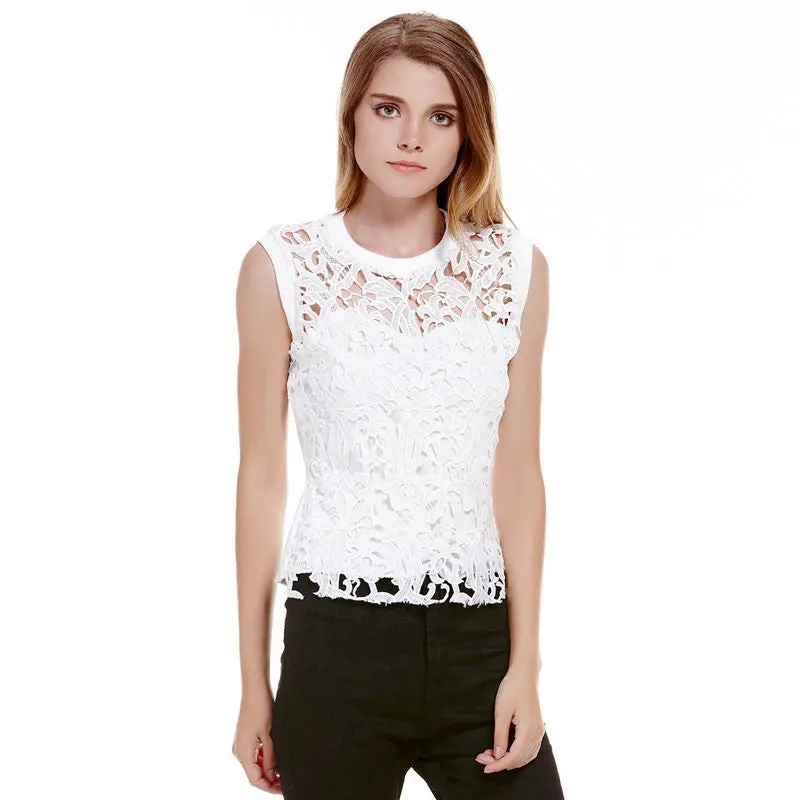 Fashion White Women Vest Top Blusa O-Neck Cropped Feminino Sleeveless Tank Top Women Casual Lace Crop Top 1