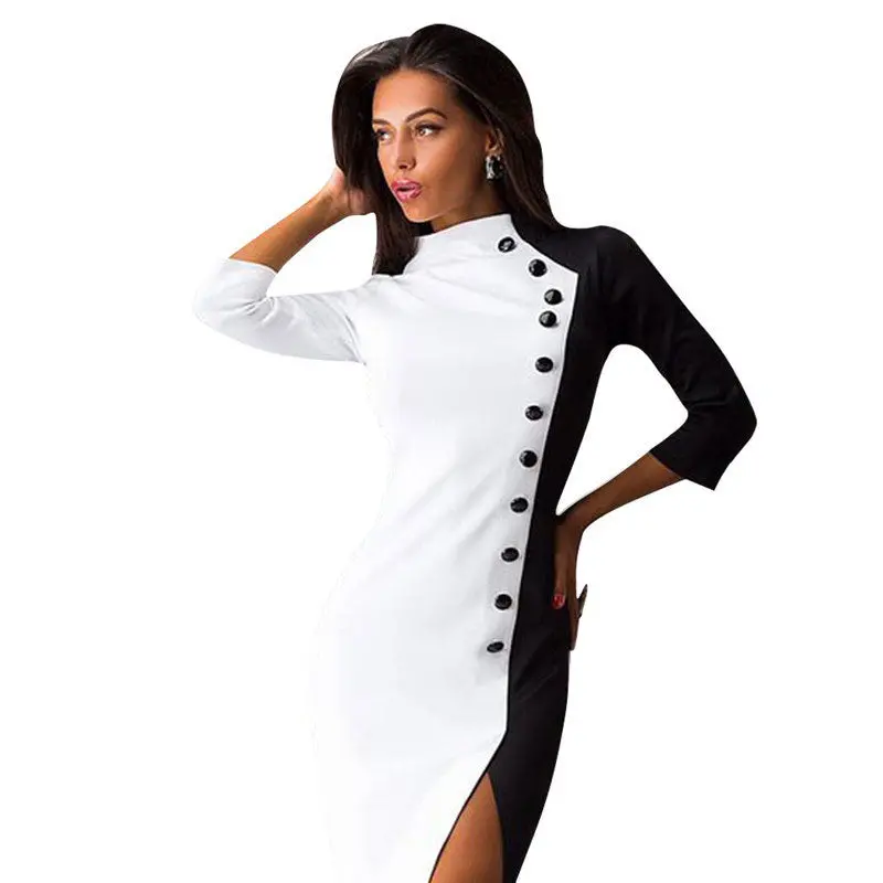 Fashion Women 3/4 Sleeve Buttons Women Dress Vestidos Color-Matching Ball Gown Party Formal Dresses Autum Dress Vestido De Festa 1